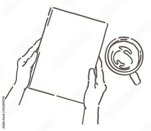 本を持つ手と、コーヒーのイラスト。ベクターイラスト素材。