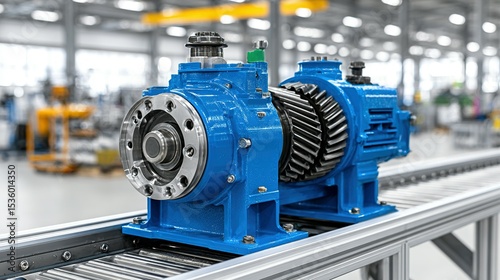 Blue industrial gear pump is situated on a metal conveyor belt in a factory setting.  The image displays detailed components and the precise engineering of the pump.