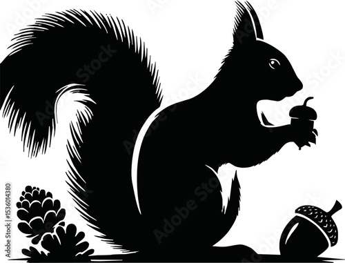 Silhouette of a squirrel sitting and holding an acorn, autumn theme, isolated vector on white background