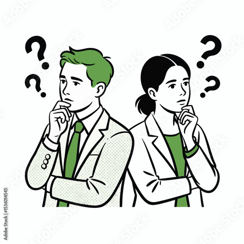 Greenhaired Man Woman Suit Thinking Question Marks