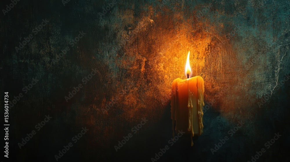Fototapeta premium Illuminating hope: Candlelight casting warm glow on weathered wall texture
