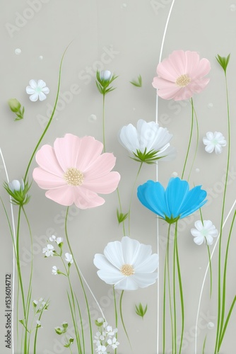 Pastel Pink Blue White Cosmos Flower Seamless Pattern