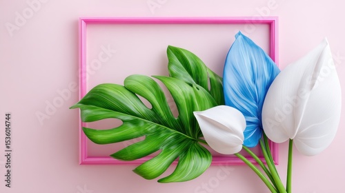Pastel Pink Frame Enclosing Green Monstera and Blue White Flowers