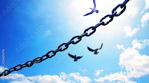 Symbolic depiction of liberation overcoming obstacles with birds and chain link