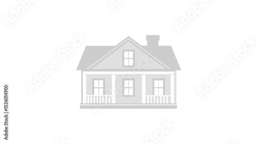 Illustration of a simple house with a roof, windows, and a porch with railing and a chimney on top