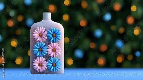 Pink And Blue Daisies Adorn Festive Bottle Against Sparkling Holiday Background