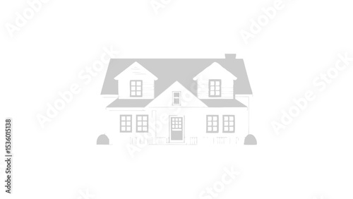 Illustration of a two story house with a gray roof and two dormers and a front door and some windows