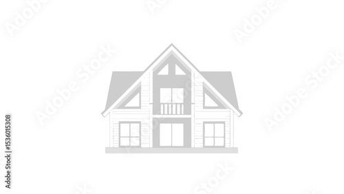 Illustration of a two story house with a gabled roof and multiple windows in a light gray color