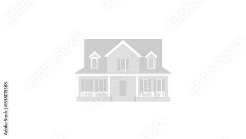 Illustration of a two story house with dormers and front porches in a light gray color scheme