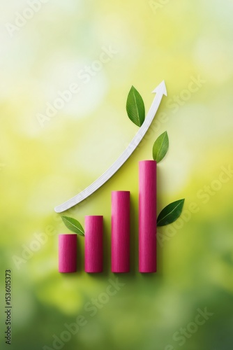 Pink Bar Graph with Green Leaves and Upward Arrow on Green Background