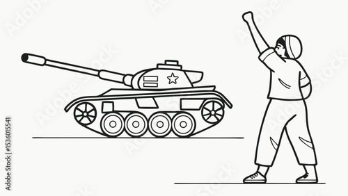 Illustration of a tank with a star and a person raising their arm in a white background scene