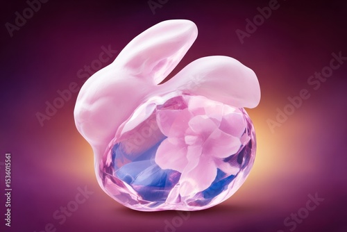Pink Crystal Rabbit with Flowers on Purple Background