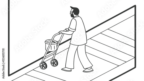 Man with beard and glasses pushing a wheeled basket on a crosswalk in black and white drawing