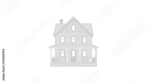 Illustration of a two story house with a porch and a chimney in a light gray color scheme design
