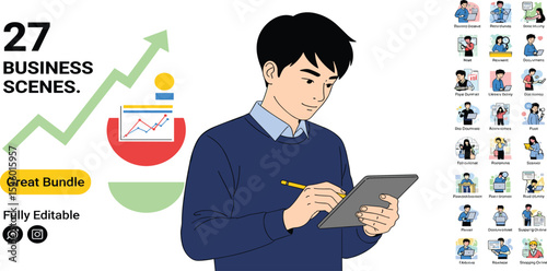 Business Concept illustrations. Mega set. Collection of scenes with men and women taking part in business activities. Vector illustration