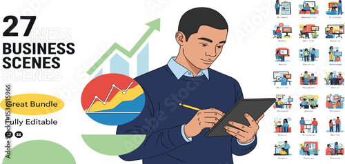Business Concept illustrations. Mega set. Collection of scenes with men and women taking part in business activities. Vector illustration