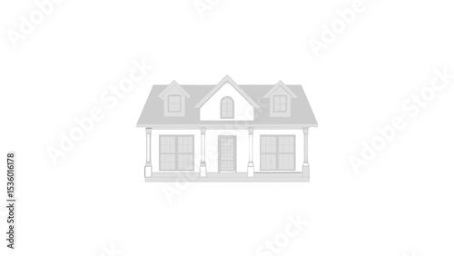 Illustration of a light gray house with a porch, windows, and gabled roof on a white background