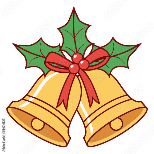 Christmas bells with red ribbon and holly leaves holiday illustration for seasonal greeting cards