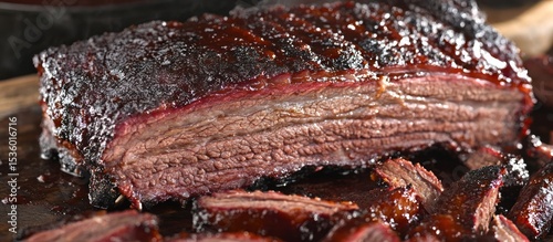 Close-up of delicious smoked beef brisket with crust, presented on wooden cutting board