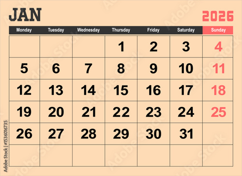 2026 calendar page design vector illustration. The week start on monday