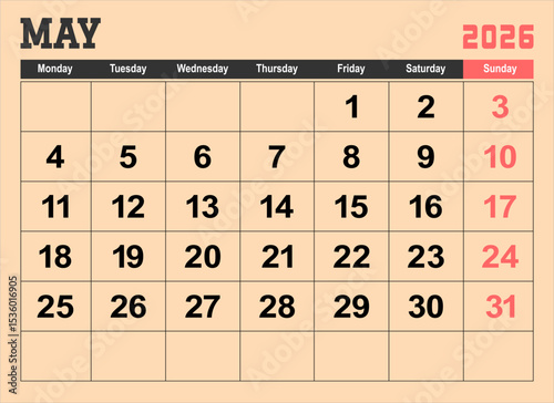 2026 calendar page design vector illustration. The week start on monday