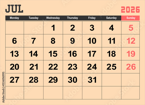 2026 calendar page design vector illustration. The week start on monday