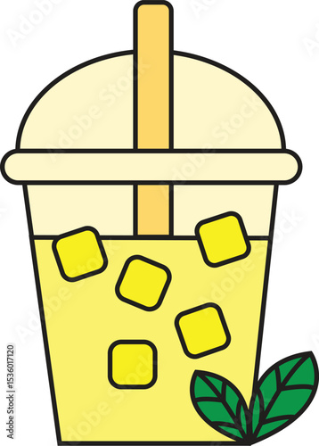 Vector Illustration of Refreshing Cold Yellow Juice with Ice Cubes and Mint Leaves in Takeaway Cup for Summer Drink and Healthy Beverage Concept