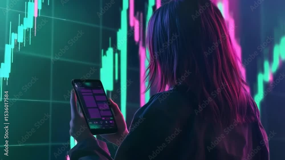 Young woman analyzes stock market data on a tablet with digital stock chart background