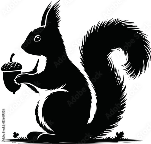Silhouette of a squirrel sitting and holding an acorn, autumn theme, isolated vector on white background