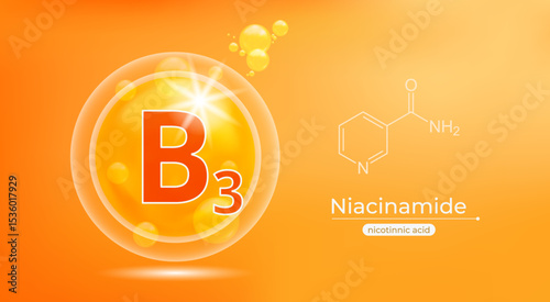 3d shiny Illustration of vitamin B3 structure with chemical formula on yellow golden background