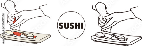 寿司を握る料理人の手元の線画イラスト