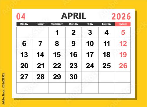 2026 calendar page design vector illustration. The week start on monday