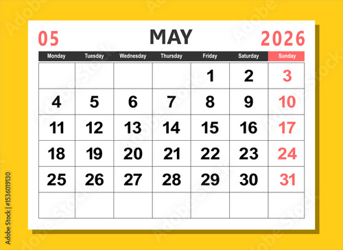 2026 calendar page design vector illustration. The week start on monday