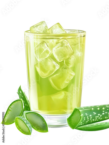  Aloe vera juice with translucent green hue and aloe chunks on transparent background