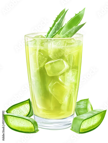  Aloe vera juice with translucent green hue and aloe chunks on transparent background