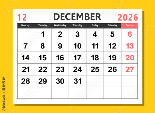 2026 calendar page design vector illustration. The week start on monday