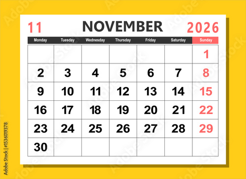 2026 calendar page design vector illustration. The week start on monday