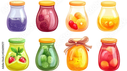  Various jars of fruit jam on transparent background