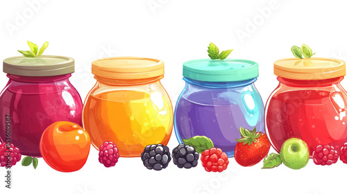  Various jars of fruit jam on transparent background