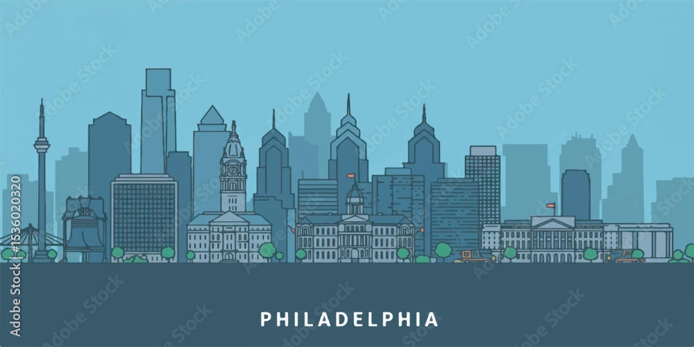 Naklejka premium Philadelphia Skyline Vector in Flat Minimalist Style