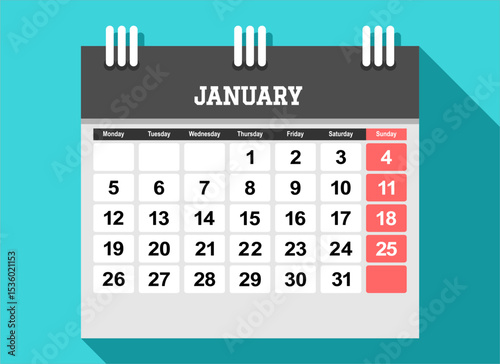 2026 calendar page design vector illustration. The week start on monday