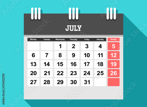 2026 calendar page design vector illustration. The week start on monday