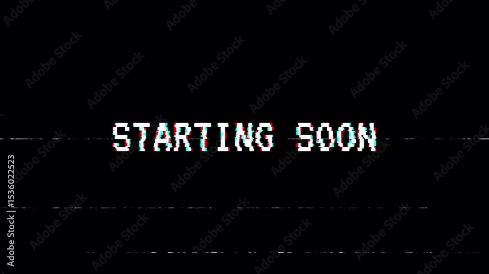Starting soon text glitch effect on black background. 4K Stock Video Alpha Channel