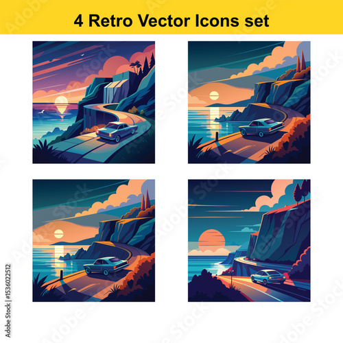 Retro Vector Icons Set Coastal Highway Sunset Illustrations