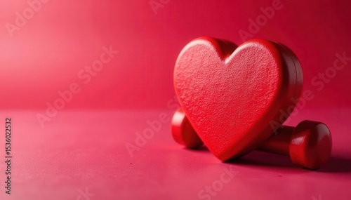 Close up of red heart shaped weights & fitness accessories Sporty Valentine's theme , active, sport, panorama photo