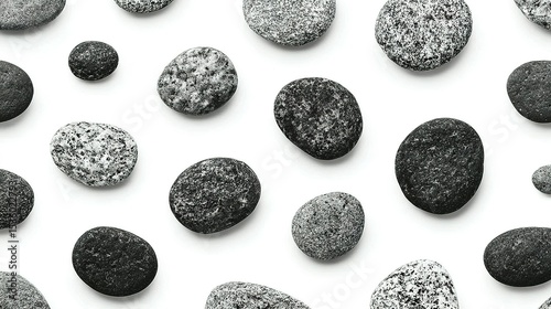 Arrangement of smooth stones on a white background.