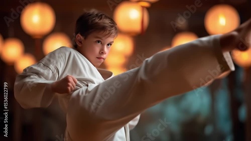 Young boy performs front kick in martial arts dojo. Camera stays still. 4K.
