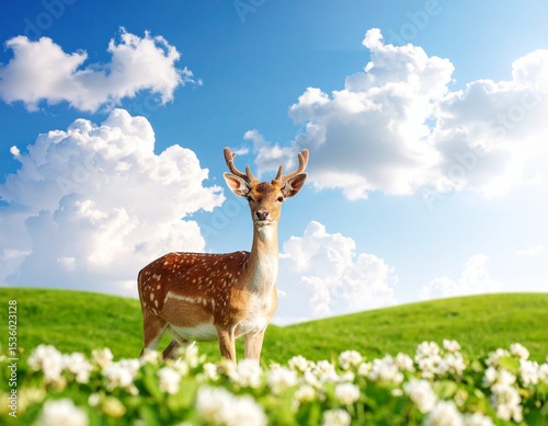 a cute deer and beautiful grass and sky filled