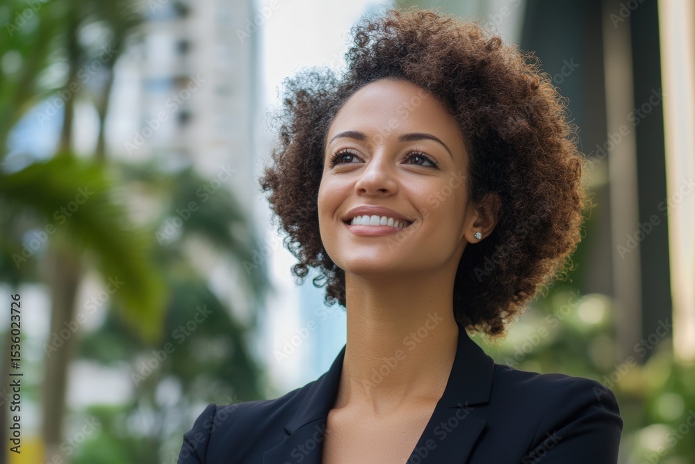 Cheerful Brazilian female office worker in formal attire standing outdoors in business district perfect for modern workplace and personal growth concept showcasing professional success Cheerful Brazilian female office worker in formal attire standing outdoors in business district perfect for modern workplace and personal growth concept showcasing professional success