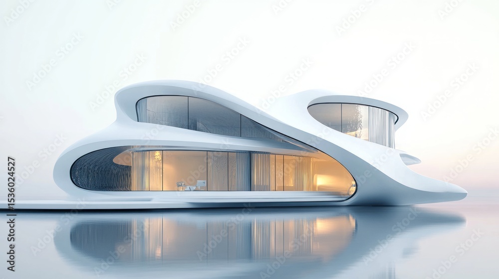 Obraz premium Futuristic Architectural Marvel: A Modern White Villa Reflected in Tranquil Waterscape